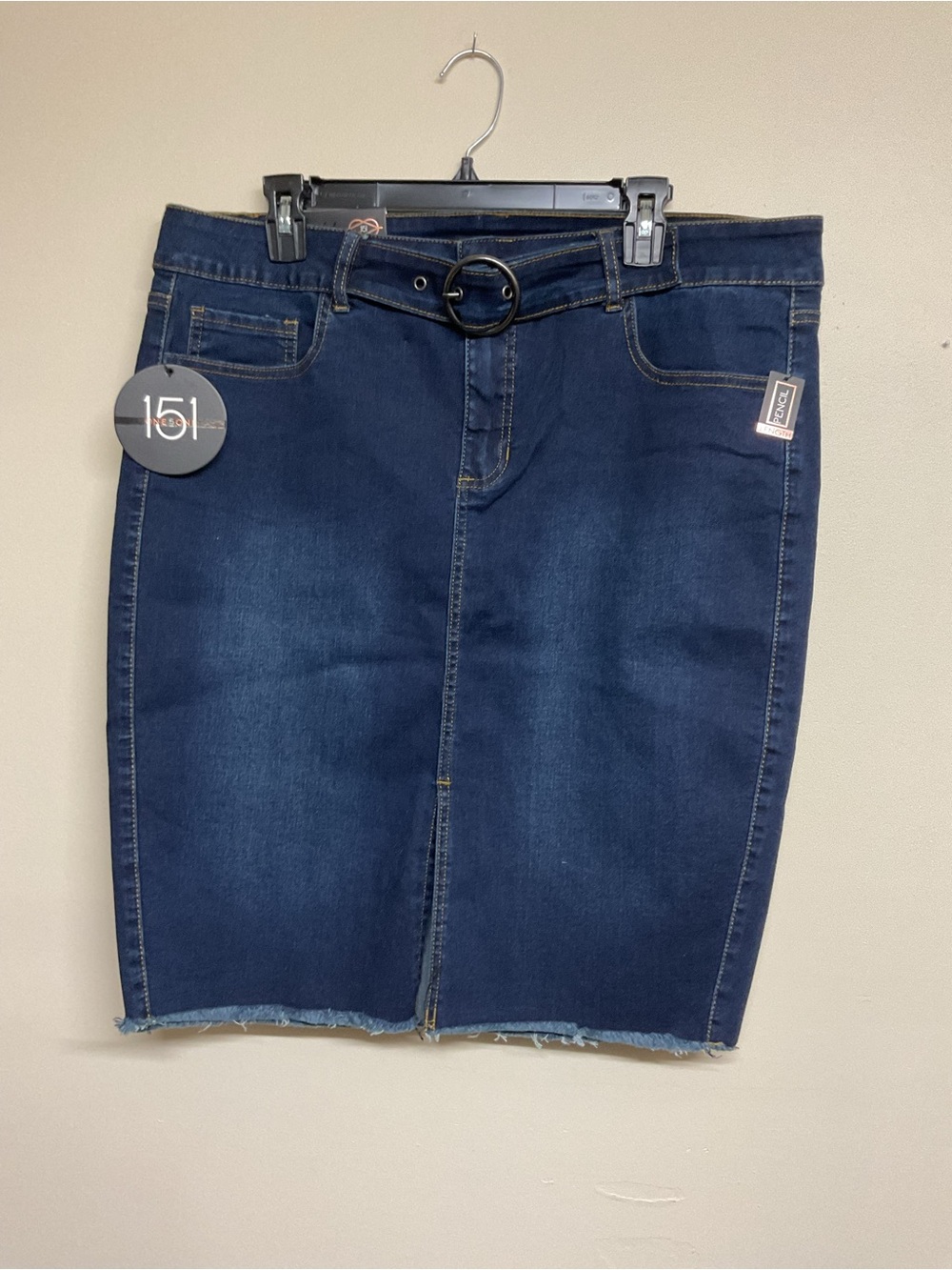 one 5 one Dark Blue Denim Pencil Skirt with Ring Belt